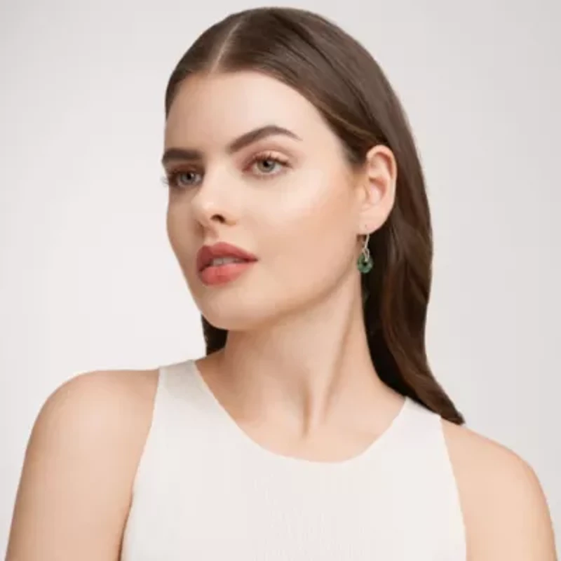 18K Yellow Gold Plated Sterling Silver Genuine Nephrite Jade Diamond Accent Disc Leverback Earrings