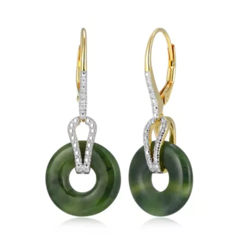 18K Yellow Gold Plated Sterling Silver Genuine Nephrite Jade Diamond Accent Disc Leverback Earrings