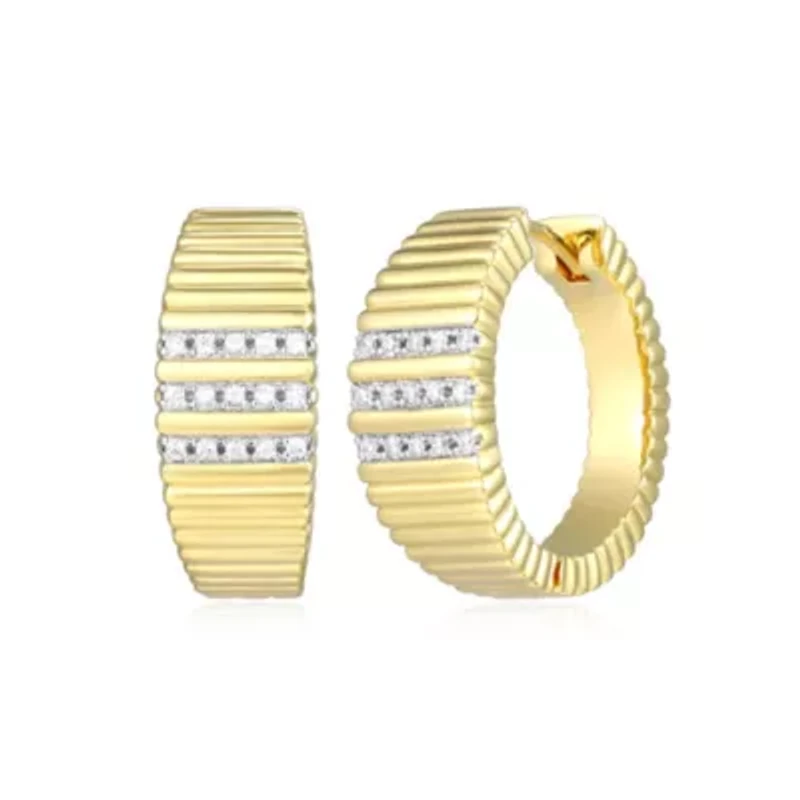 18K Yellow Gold Plated Sterling Silver Women's 1/10 CTTW Lab Grown Diamond Ribbed Hoop Earrings