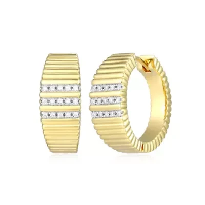 18K Yellow Gold Plated Sterling Silver Women's 1/10 CTTW Lab Grown Diamond Ribbed Hoop Earrings