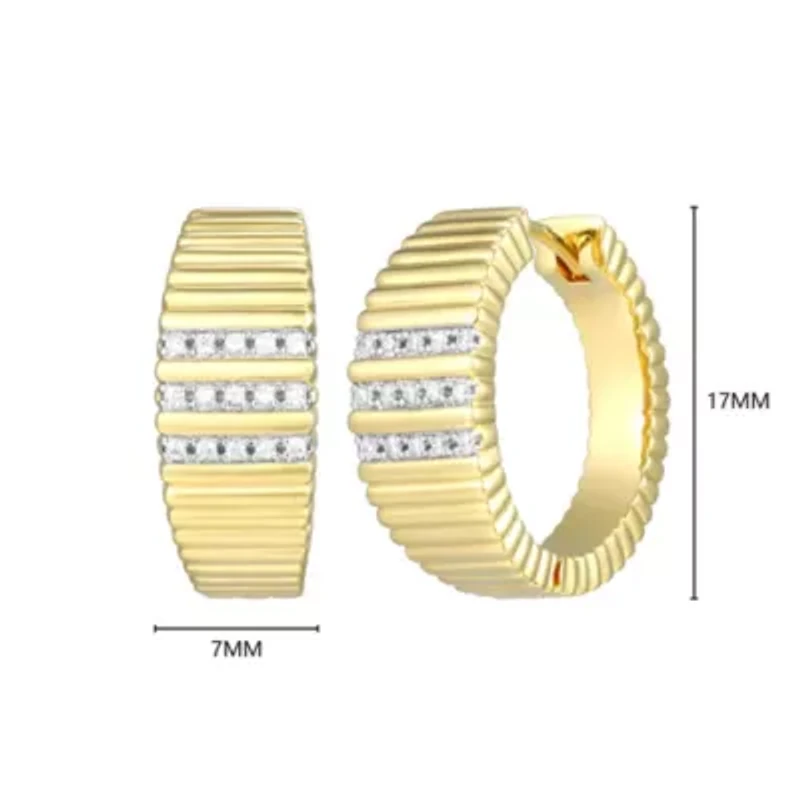 18K Yellow Gold Plated Sterling Silver Women's 1/10 CTTW Lab Grown Diamond Ribbed Hoop Earrings