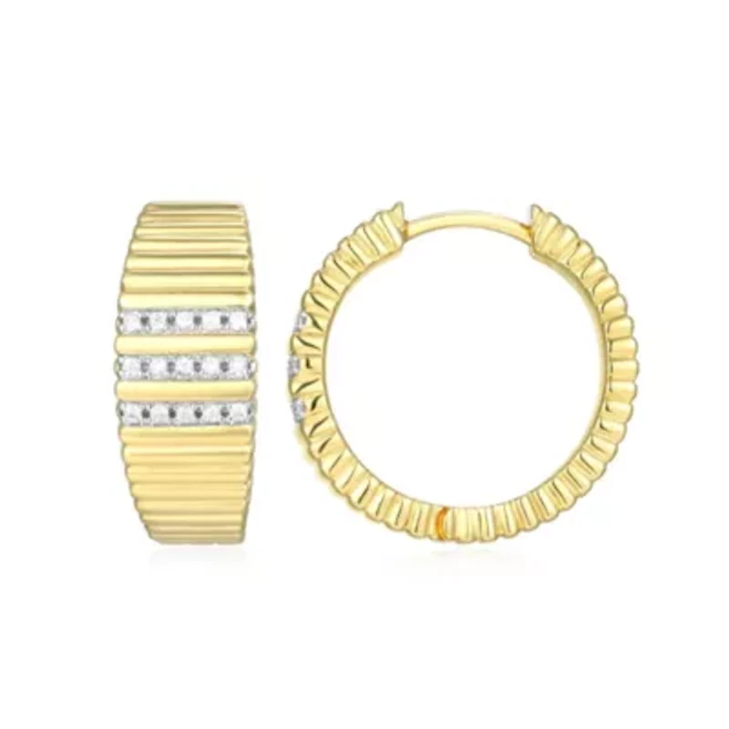 18K Yellow Gold Plated Sterling Silver Women's 1/10 CTTW Lab Grown Diamond Ribbed Hoop Earrings
