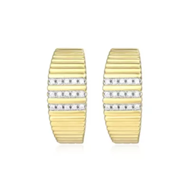 18K Yellow Gold Plated Sterling Silver Women's 1/10 CTTW Lab Grown Diamond Ribbed Hoop Earrings