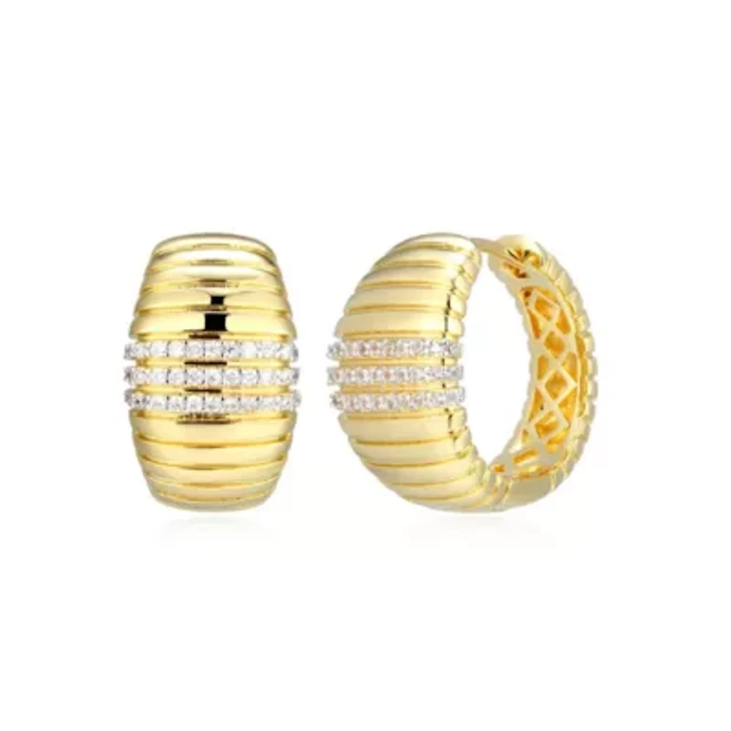 18K Yellow Gold Plated Sterling Silver Women's 1/4 CTTW Lab Grown Diamond Chunky Dome Hoop Earrings