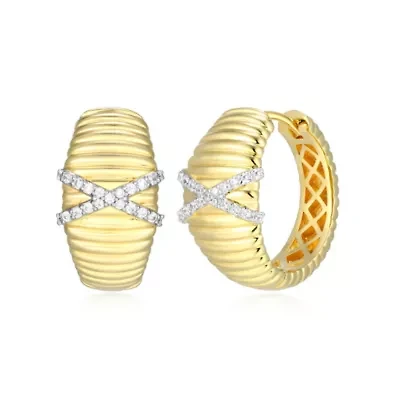 18K Yellow Gold Plated Sterling Silver Women's 1/6 CTTW Lab Grown Diamond X-Design Dome Hoop Earrings