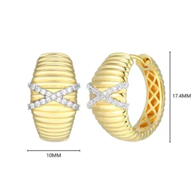 18K Yellow Gold Plated Sterling Silver Women's 1/6 CTTW Lab Grown Diamond X-Design Dome Hoop Earrings