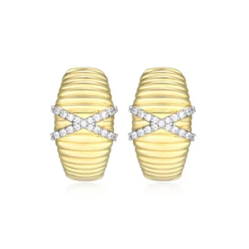 18K Yellow Gold Plated Sterling Silver Women's 1/6 CTTW Lab Grown Diamond X-Design Dome Hoop Earrings