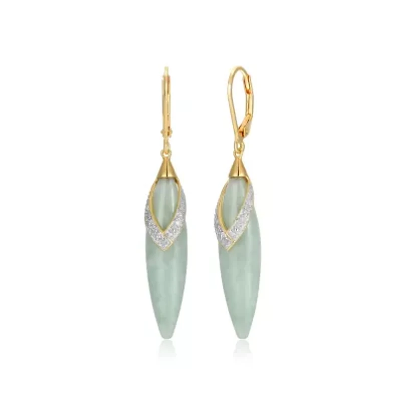 Genuine Jade and Diamond Accent Drop Earrings in 18k Yellow Gold Plated-Sterling Silver