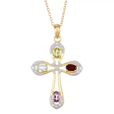 18k Gold Plated Sterling Silver Genuine Gemstone & Diamond Accent Cross Necklace