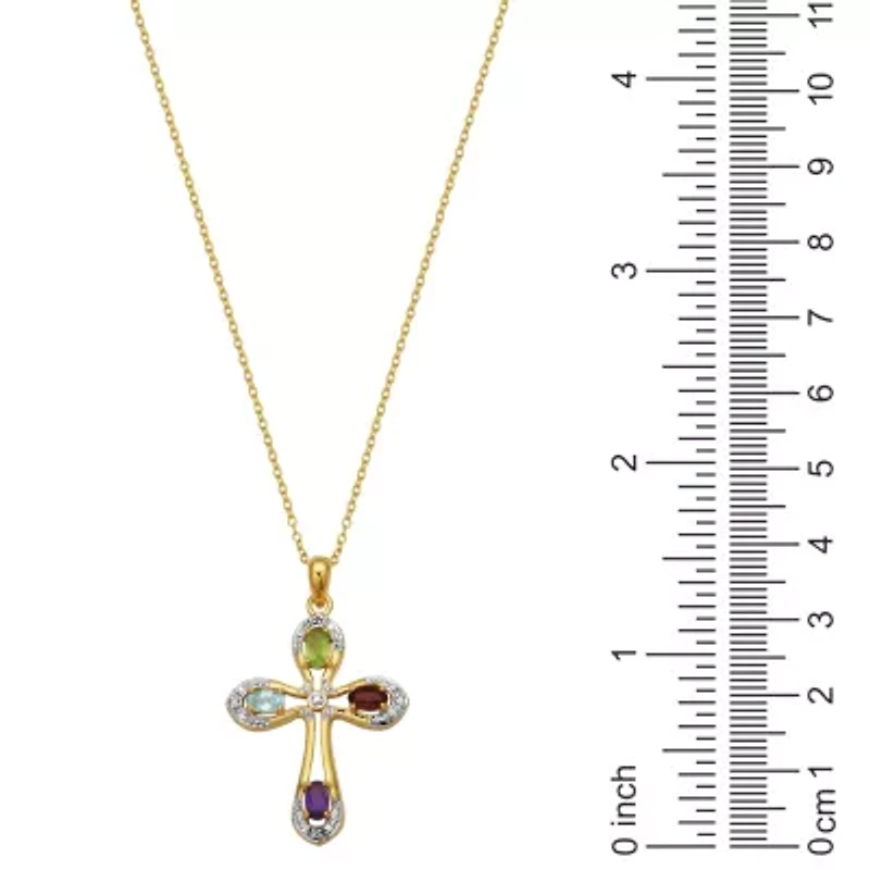 18k Gold Plated Sterling Silver Genuine Gemstone & Diamond Accent Cross Necklace