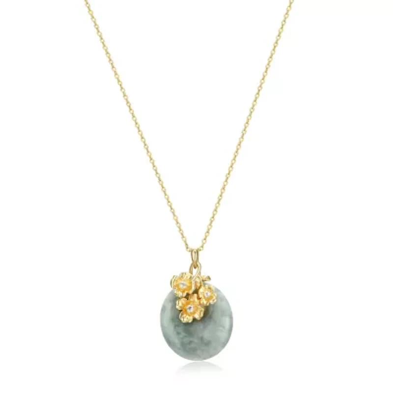 Genuine Jade Disc Pendant Necklace with Floral Embellishments in 18k Yellow Gold Plated Sterling Silver