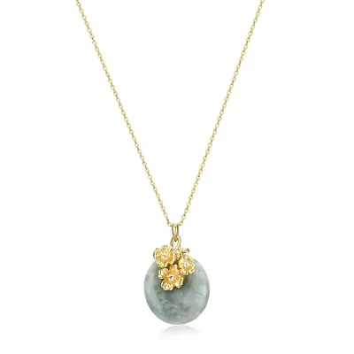 Genuine Jade Disc Pendant Necklace with Floral Embellishments in 18k Yellow Gold Plated Sterling Silver