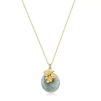 Genuine Jade Disc Pendant Necklace with Floral Embellishments in 18k Yellow Gold Plated Sterling Silver