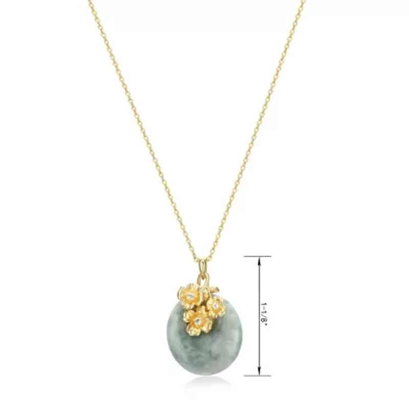 Genuine Jade Disc Pendant Necklace with Floral Embellishments in 18k Yellow Gold Plated Sterling Silver
