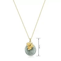 Genuine Jade Disc Pendant Necklace with Floral Embellishments in 18k Yellow Gold Plated Sterling Silver