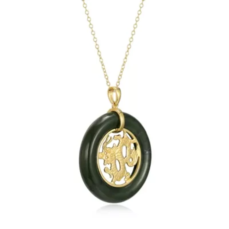 18K Yellow Gold Plated Sterling Silver Genuine Nephrite Jade Dragon Pendant Necklace