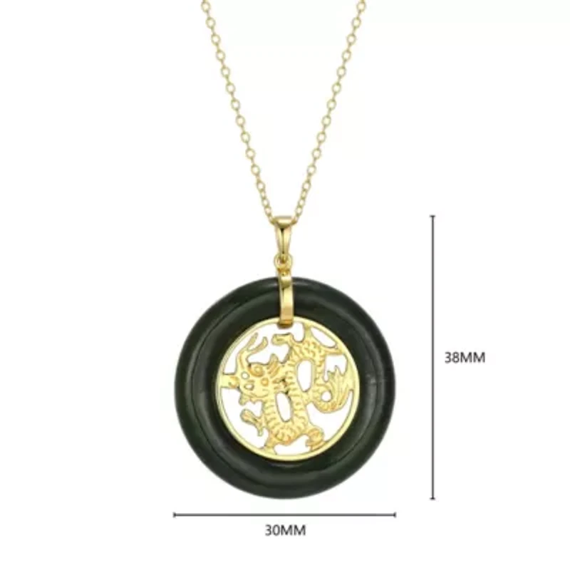 18K Yellow Gold Plated Sterling Silver Genuine Nephrite Jade Dragon Pendant Necklace