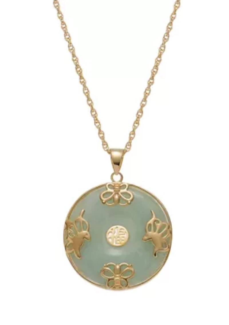 18k Gold Plated Sterling Silver Jade "Good Luck" Disc Pendant on 18" Chain