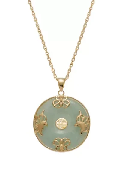 18k Gold Plated Sterling Silver Jade "Good Luck" Disc Pendant on 18" Chain