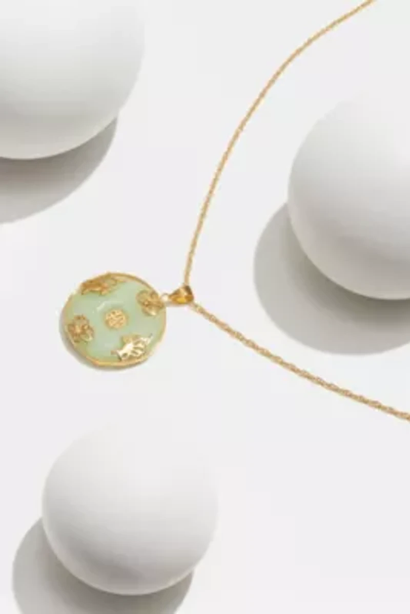 18k Gold Plated Sterling Silver Jade "Good Luck" Disc Pendant on 18" Chain