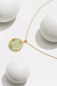 18k Gold Plated Sterling Silver Jade "Good Luck" Disc Pendant on 18" Chain