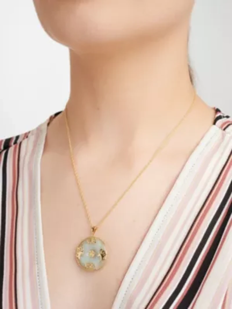 18k Gold Plated Sterling Silver Jade "Good Luck" Disc Pendant on 18" Chain