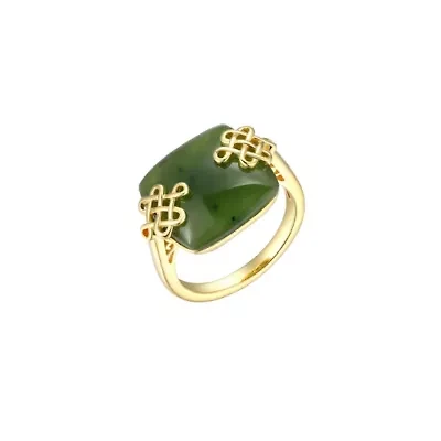 Genuine Natural Green Nephrite Jade Ring in 18K Gold-plated Sterling Silver