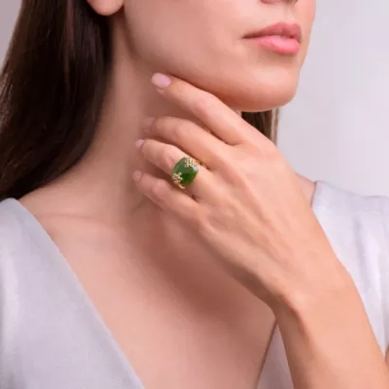 Genuine Natural Green Nephrite Jade Ring in 18K Gold-plated Sterling Silver