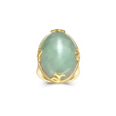 Genuine Jade Oval Ring 18K Gold Plated Sterling Silver