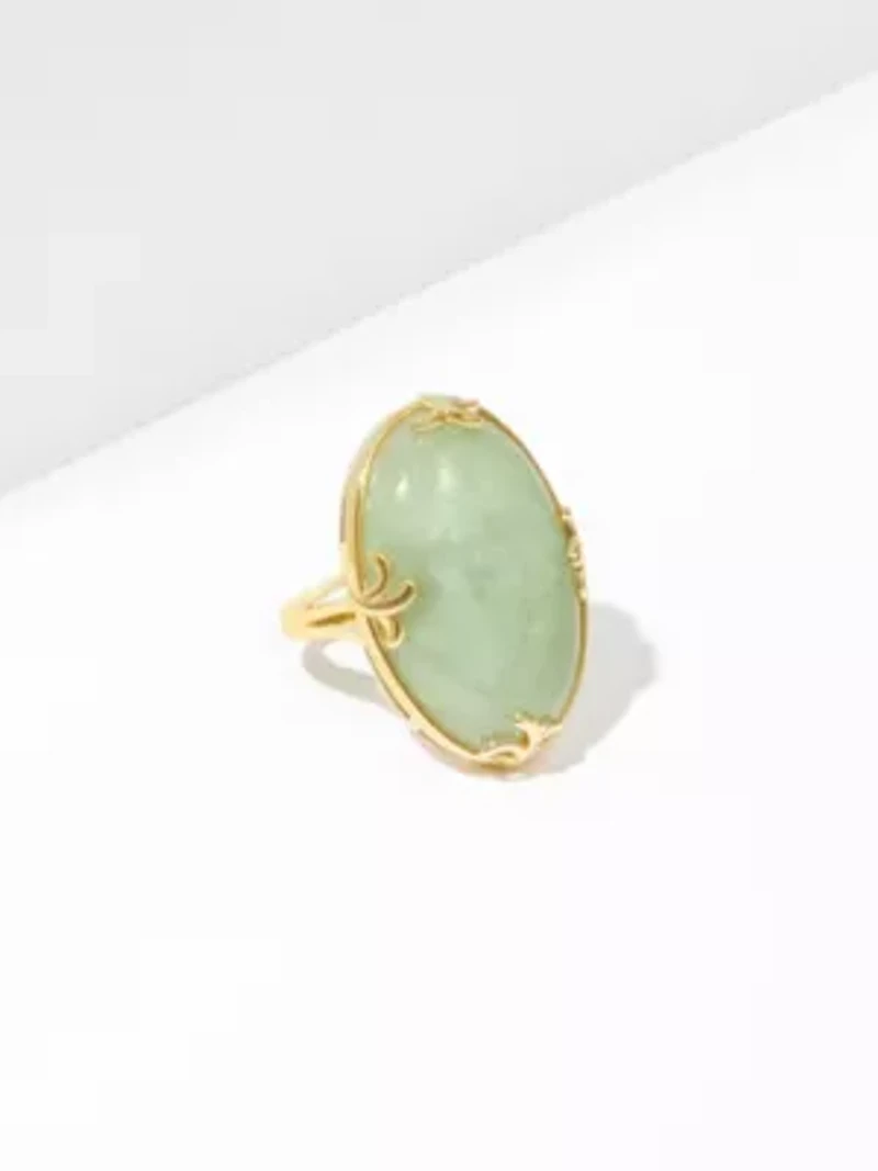 Genuine Jade Oval Ring 18K Gold Plated Sterling Silver