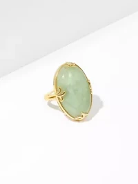 Genuine Jade Oval Ring 18K Gold Plated Sterling Silver