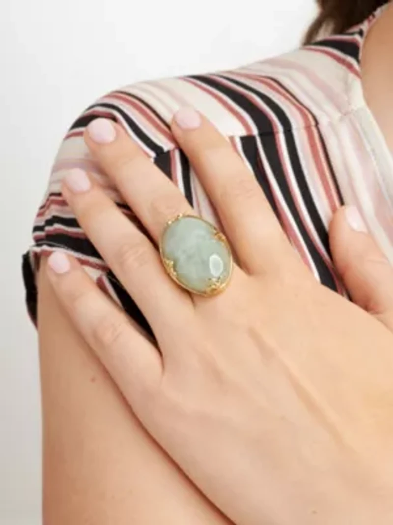 Genuine Jade Oval Ring 18K Gold Plated Sterling Silver
