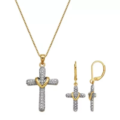 Diamond Accent Set of Cross Earrings and Pendant with 18" Chain in Gold Plated Sterling Silver