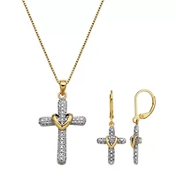 Diamond Accent Set of Cross Earrings and Pendant with 18" Chain in Gold Plated Sterling Silver