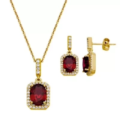 Created Ruby and White Sapphire Halo Necklace and Earring Set in 18K Gold over Sterling Silver