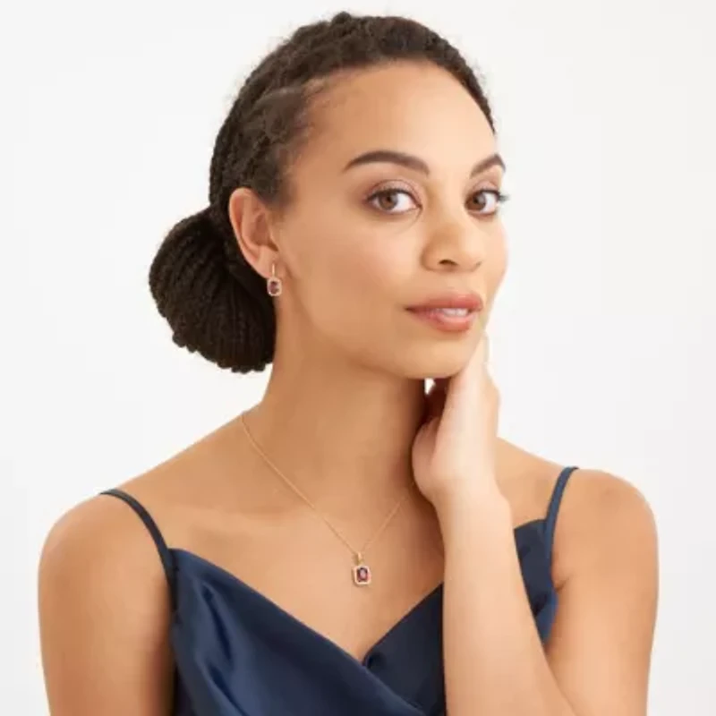 Created Ruby and White Sapphire Halo Necklace and Earring Set in 18K Gold over Sterling Silver