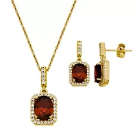 Genuine Garnet and Created White Sapphire Halo Necklace and Earring Set in 18K Gold over Sterling Silver