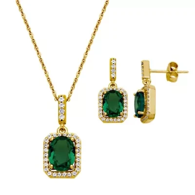 Simulated Emerald and White Sapphire Halo Necklace and Earring Set in 18K Gold over Sterling Silver