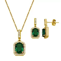 Simulated Emerald and White Sapphire Halo Necklace and Earring Set in 18K Gold over Sterling Silver