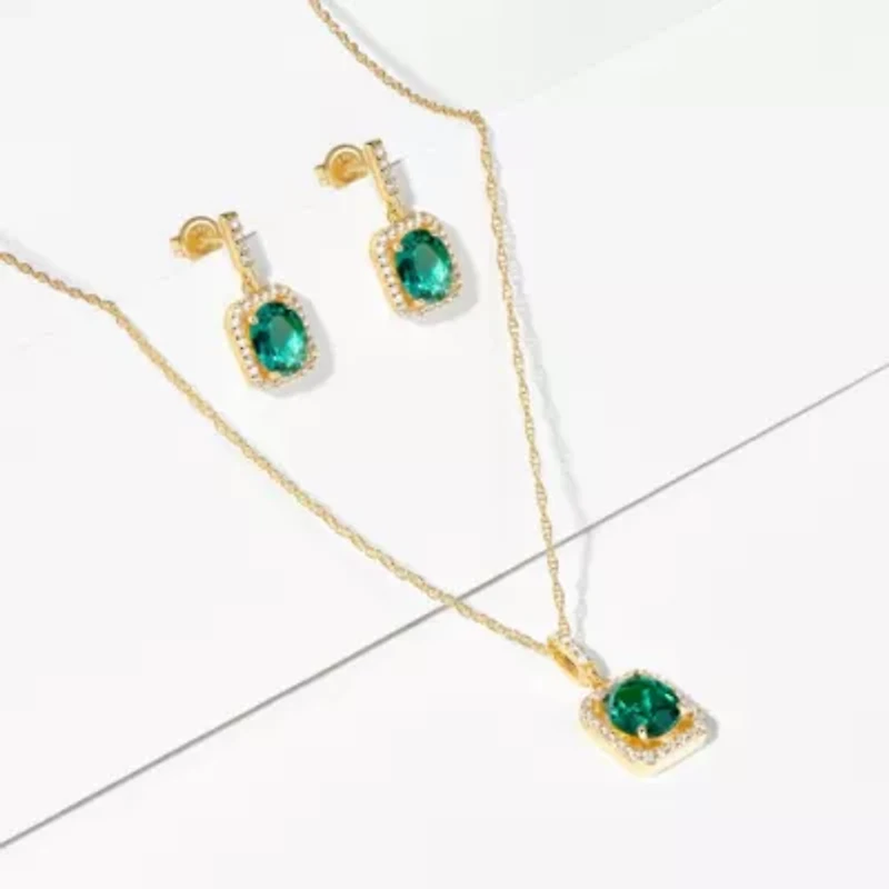 Simulated Emerald and White Sapphire Halo Necklace and Earring Set in 18K Gold over Sterling Silver