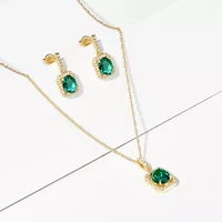 Simulated Emerald and White Sapphire Halo Necklace and Earring Set in 18K Gold over Sterling Silver