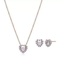 Created Pink and White Sapphire Halo Heart Necklace and Earring Set in Sterling Silver