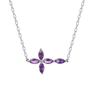 Fine Silver Plated Genuine Amethyst Cross Necklace