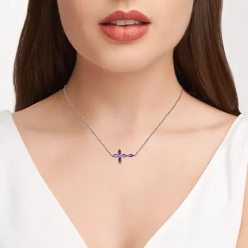 Fine Silver Plated Genuine Amethyst Cross Necklace
