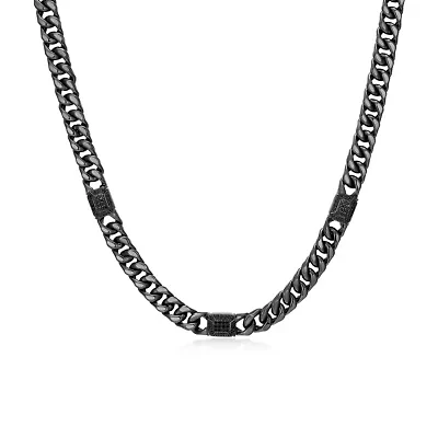 Gunmetal Plated Sterling Silver Men's Genuine Black Sapphire Curb Link Necklace