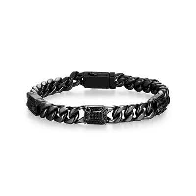 Gunmetal Plated Sterling Silver Men's Genuine Black Sapphire Curb Link Bracelet
