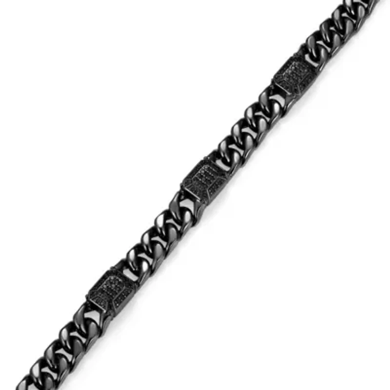 Gunmetal Plated Sterling Silver Men's Genuine Black Sapphire Curb Link Bracelet