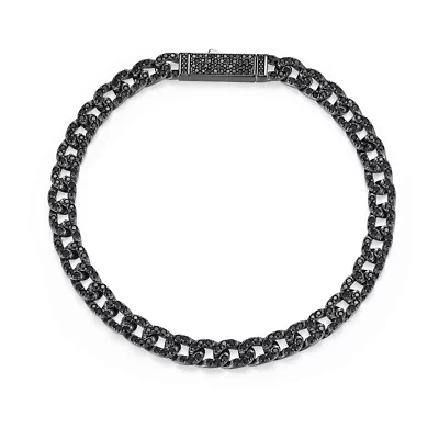 Gunmetal Plated Sterling Silver Men's Genuine Black Sapphire ID Curb Chain Link Bracelet