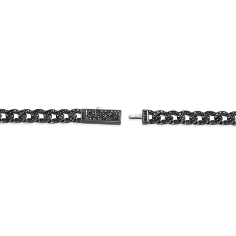 Gunmetal Plated Sterling Silver Men's Genuine Black Sapphire ID Curb Chain Link Bracelet