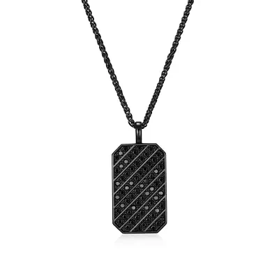 Gunmetal Plated Sterling Silver Men's Cubic Zirconia Dog Tag Pendant Necklace